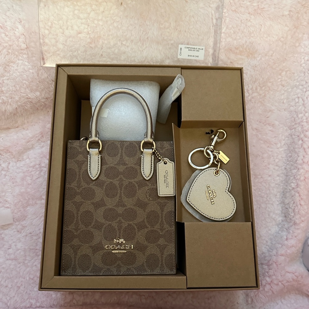 Coach Boxed Mini Tote bag with mirror Heart charm set.